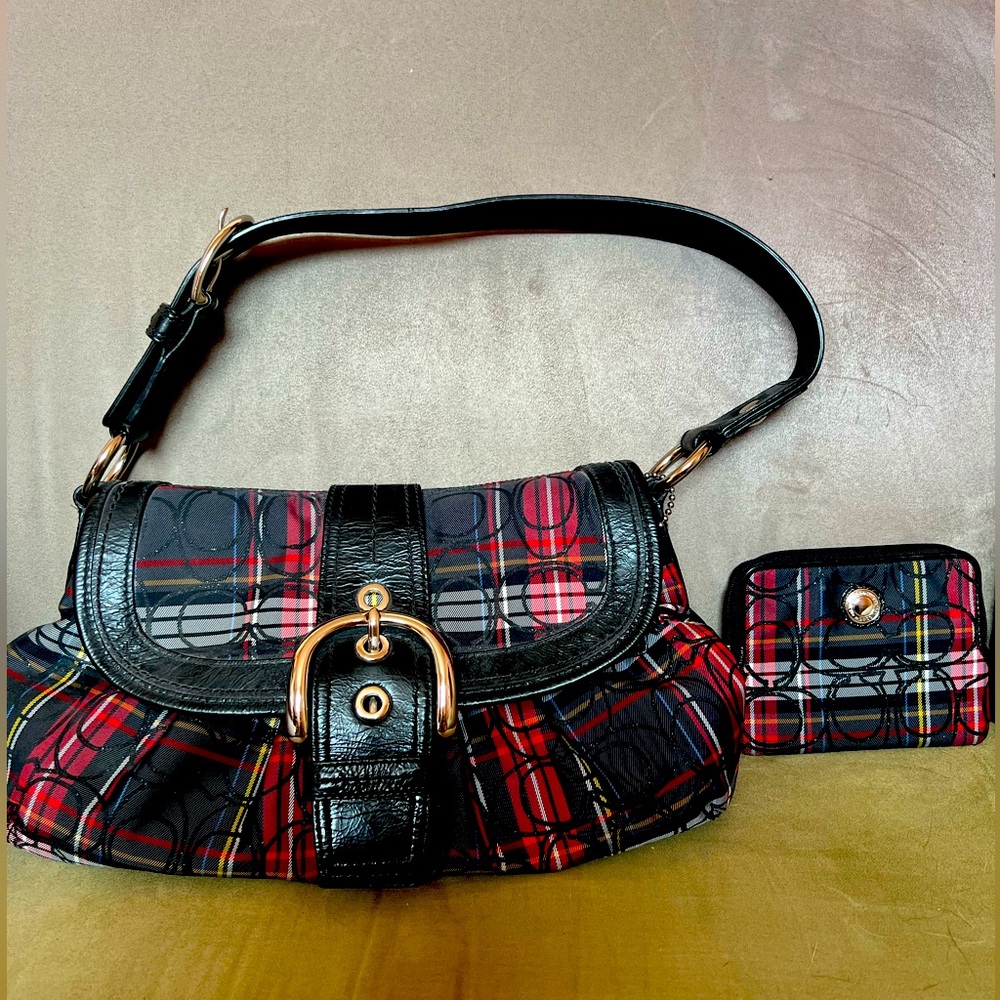 Red, Black, Yellow and Blue Plaid Coach Handbag and Matching Wallet